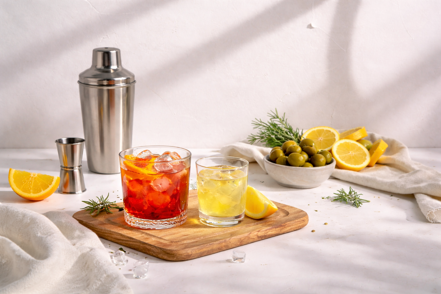 Cocktail setup with a shaker, glasses, and garnishes on a white surface.